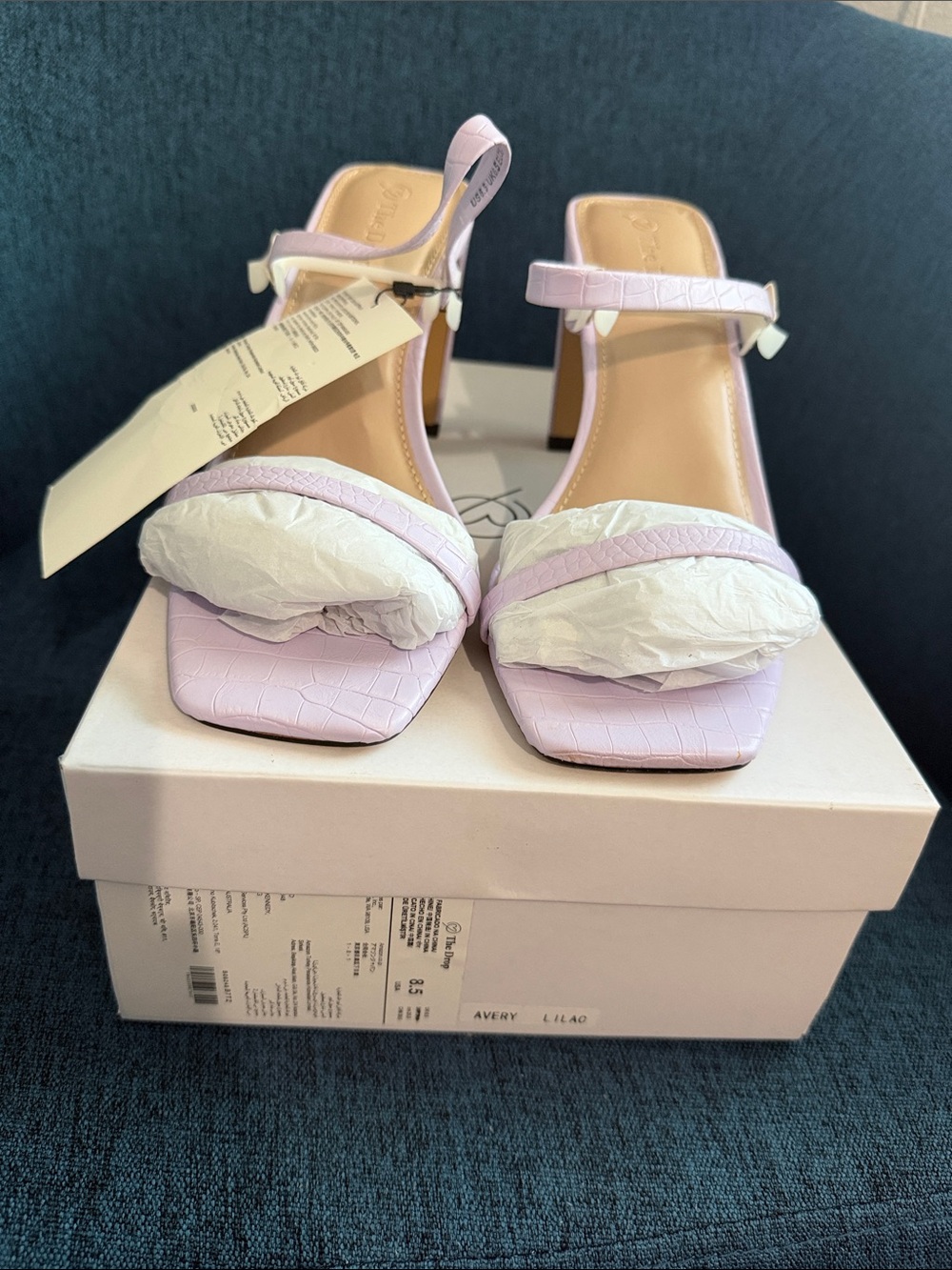 Avery Lilac Croc-Embossed Square-Toe Block Heel Sandals